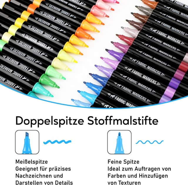 Detalle de Pamaker 40 Textilstifte Dual Tip – waschmaschinenfest, permanent & wasserfest für Shirts, Taschen und mehr