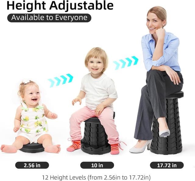 Detalle de Qiguet Collapsible Stool Folding Chair (Black) — Portable Folding Seat Up to 400 lbs, 12 Height Levels