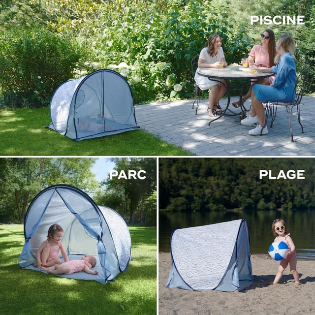 Detalle de Babymoov Tente Anti-UV Bébé Haute Protection FPS 50+ avec moustiquaire intégrée (pop-up) – Grande tente de plage Blue Waves