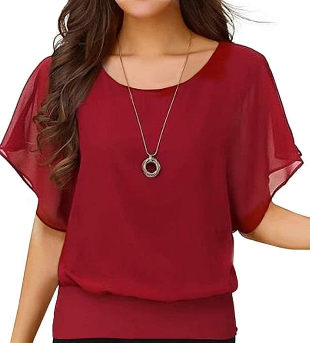 Detalle de Neineiwu Women’s Summer Loose Chiffon Short-Sleeve Top (Two-Layer Tunic Blouse)