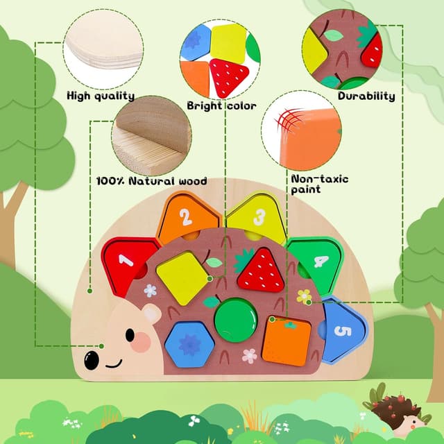 Detalle 2 de Montessori wooden toddler puzzles & colour sorting peg board toy (1–2/1–3 year old)