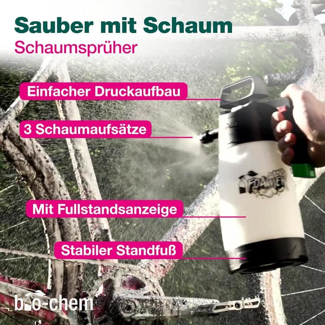 Detalle 2 de bio-chem Fahrrad-Reinigungsset PREMIUM (7-teilig) mit Fahrradreiniger, Kettenreiniger, Kettenöl, Schaumsprüher & Bürsten