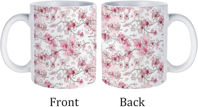 Detalle 2 de 11 oz White Ceramic Mug with Fade-Resistant Almond Blossom Pattern – Dishwasher Safe, Anti-Tip