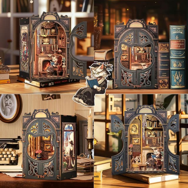 Detalle 2 de Fsolis Book Nook Kit Fai da Te: case per miniature con luci LED a forma di testa di gatto