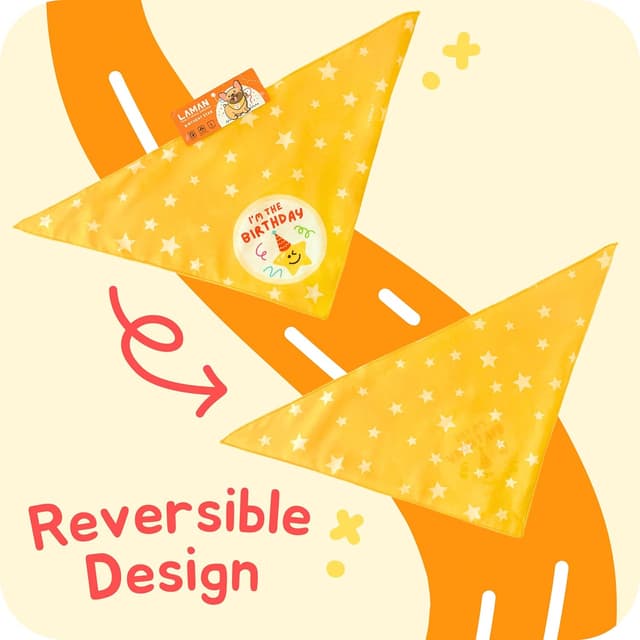 Detalle de LAMAN Pawty Animal Reversible Dog Birthday Bandana (100% Cotton) – Birthday Star, Size L