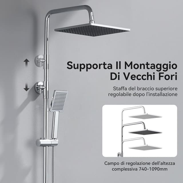 Detalle de Auralum Colonna Doccia Senza Miscelatore con Soffione Quadrato 25x25 cm e Doccetta, Altezza Regolabile 74–109 cm