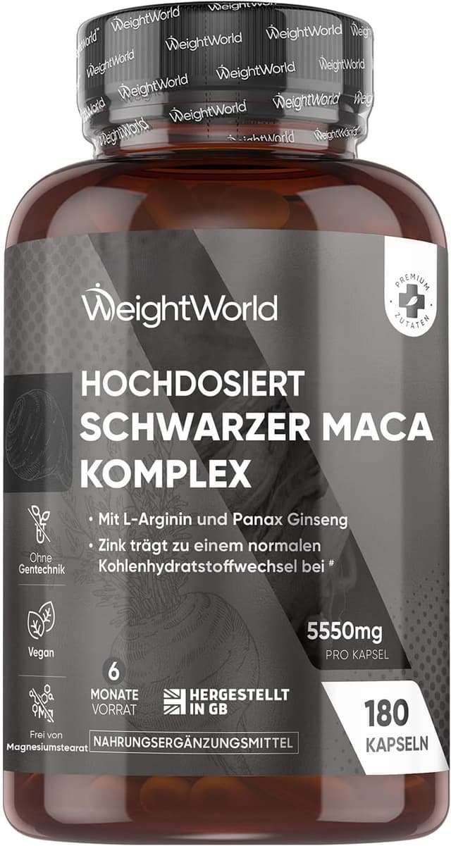 Detalle de WeightWorld Maca Kapseln – 5550 mg pro Kapsel (180 Kapseln) mit Schwarzer & Gelber Maca, Panax Ginseng, L-Arginin, Zink