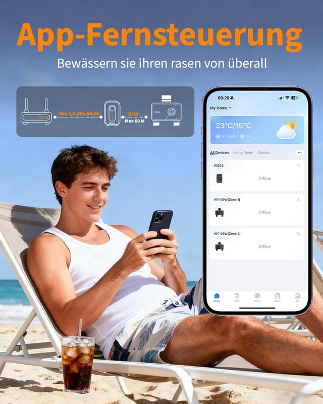 Detalle de Diivoo WLAN-Bewässerungscomputer mit 2 Ausgängen, Messinganschlüssen und 12 Zeitplänen (APP/Alexa/Google, Regenverzögerung)