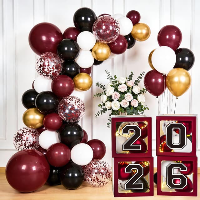 Detalle de Maroon Themed Class of 2026 Graduation Decorations Set (Balloons, Boxes, Letters & More)