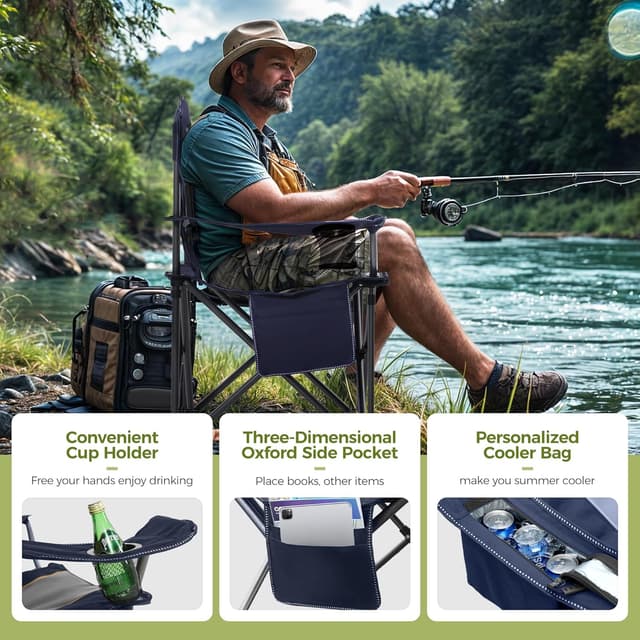 Detalle de ALPHA CAMP Heavy Duty Camping Chair for Adults (up to 200 kg) with Cup Holder and Cooler Bag, Blue