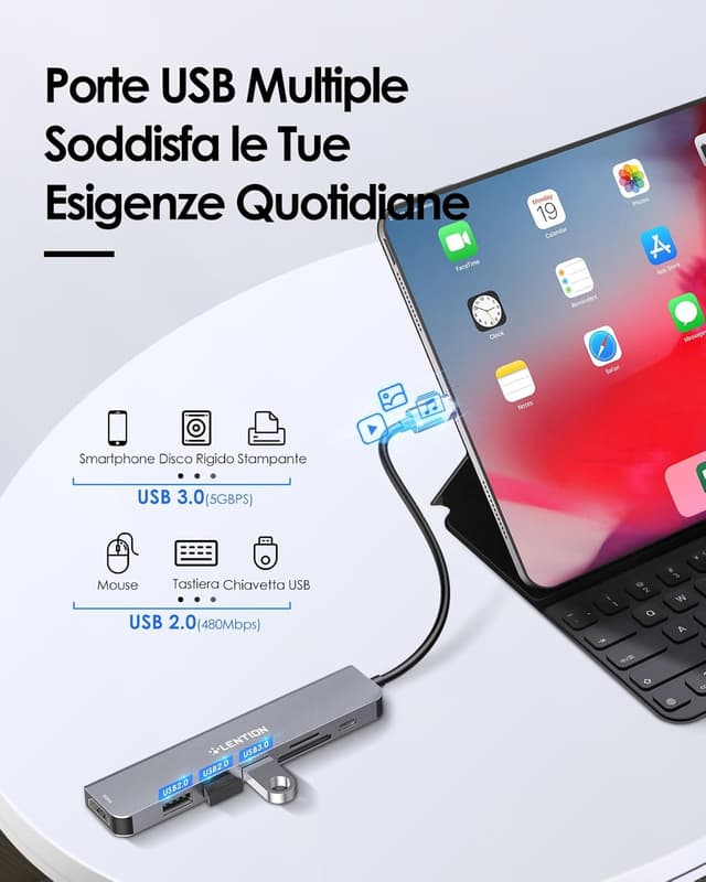 Detalle 2 de LENTION Hub USB-C 7 in 1 con HDMI 4K@60Hz e USB-C PD 100W, lettore SD/TF (alluminio)