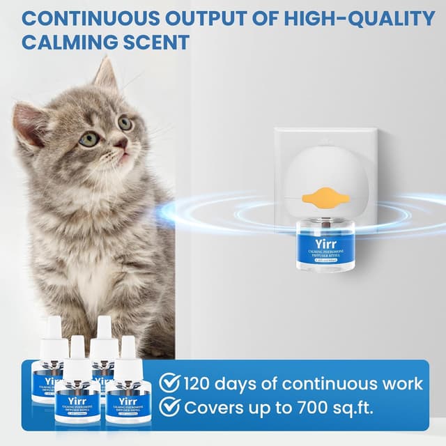 Detalle de Crenze Pheromone Katzen Beruhigung Steckdose Set (2 Diffusoren, 4 Nachfüllflaschen je 48 ml) – naturbasierte Entspannungshilfe