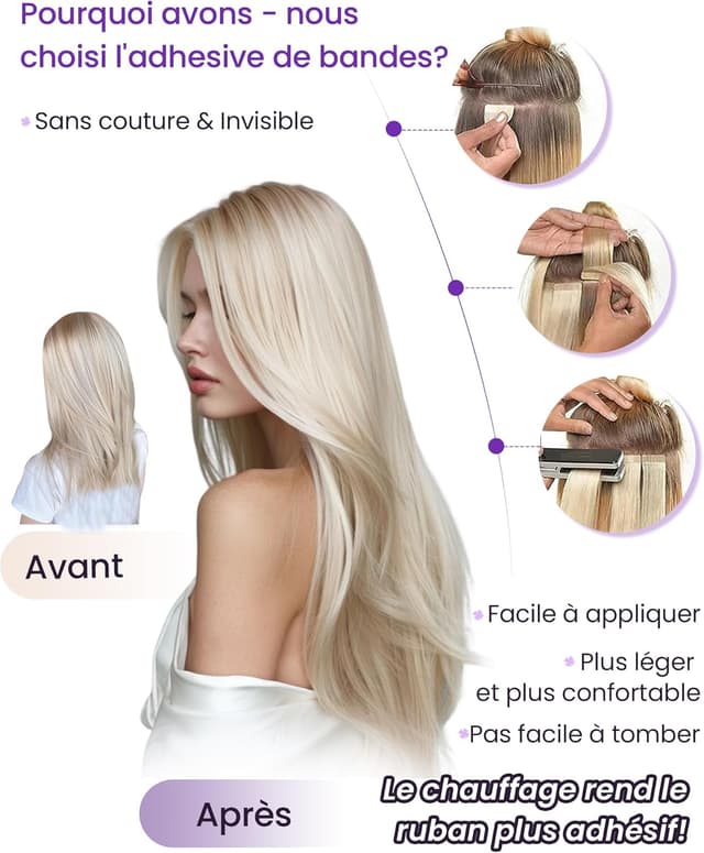 Detalle 2 de LaaVoo Extensions cheveux adhésives platine (vrais cheveux humains) 20 mèches, 40 cm