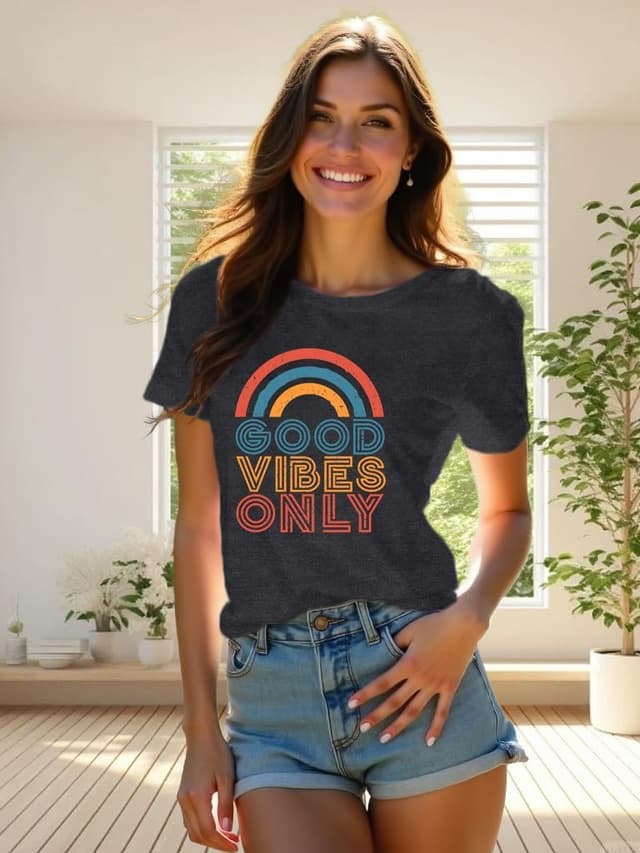 Detalle de Qskall Women’s Vintage Rainbow “Good Vibes Only” T-shirt