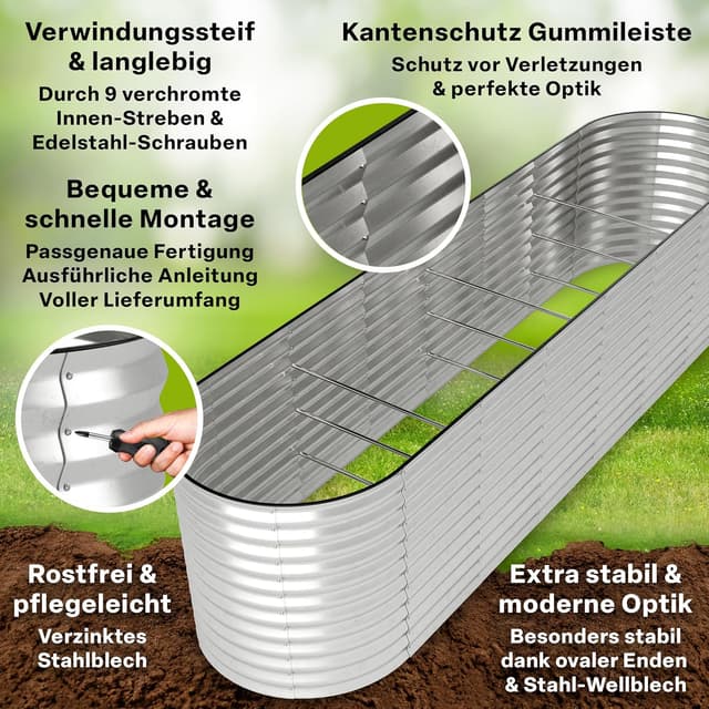 Detalle de TTL GARDEN Spirit XL Metall-Hochbeet 320×80×80 cm (oval, silber) – verzinkt & wetterfest