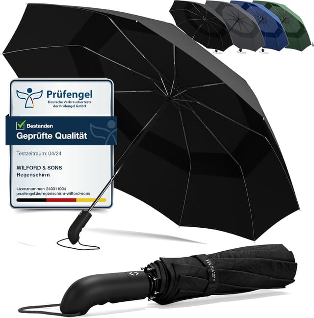 Detalle de Regenschirm Taschenschirm Sturmfest mit Auf-Zu-Automatik & Schirm-Tasche – Schwarz, kompakter Reise- & Golfschirm