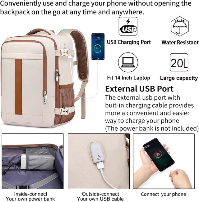 Detalle de PUSLOM Handgepäck-Rucksack 40 x 20 x 25 cm (20 l) für Ryanair inkl. USB-Anschluss – beige