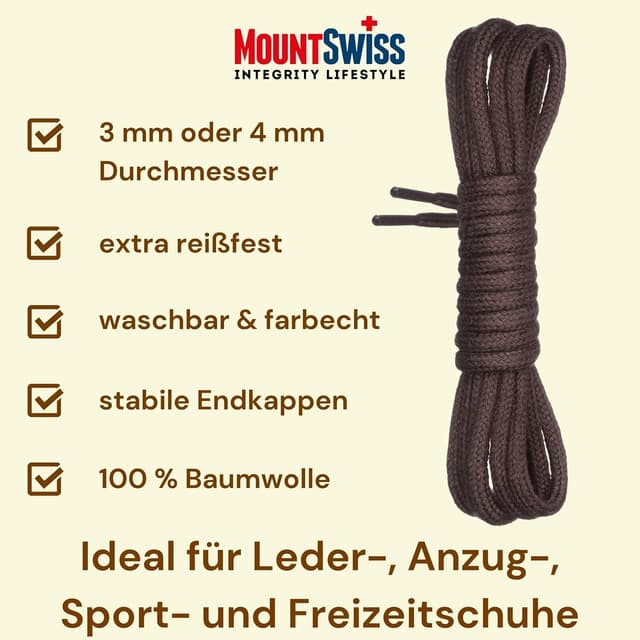 Detalle de Mount Swiss Schnürsenkel rund aus 100% Baumwolle Ø 3–4 mm, braun – Längen von 45 bis 200 cm