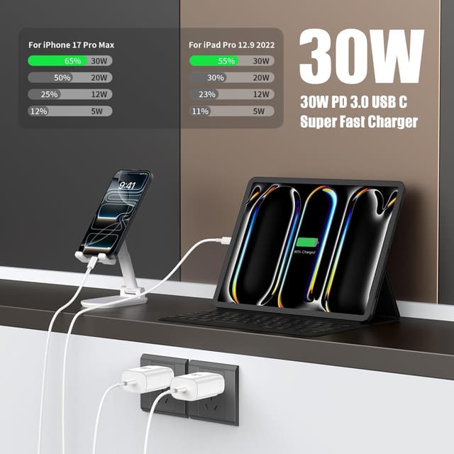 Detalle de Fikeloy iPhone 17/16 Pro Max Fast Charging USB-C Charger (30W) with Long Cable