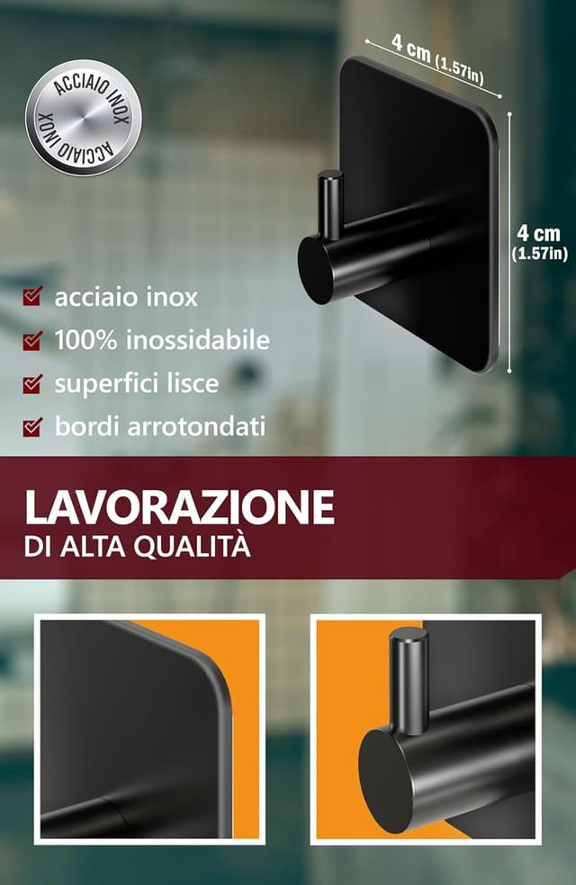 Detalle de 4smile ganci adesivi bagno set da 4 nero per asciugamani e accappatoi, senza foratura