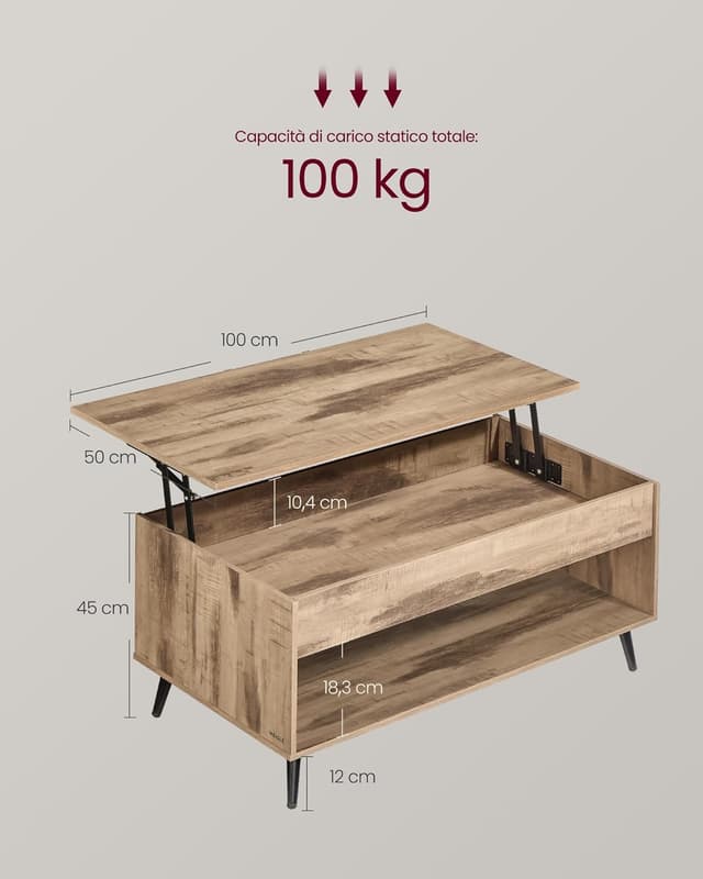 Detalle de VASAGLE LCT267LB01 tavolino da salotto con piano sollevabile a molla a gas, vano nascosto e ripiano aperto