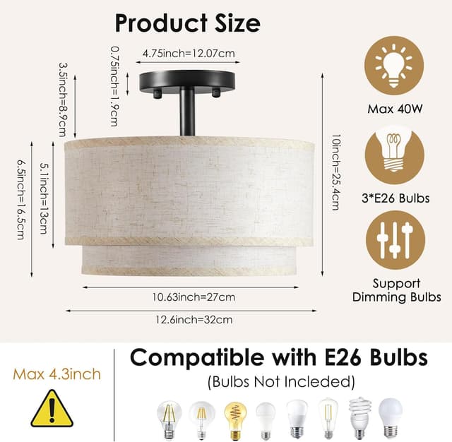 Thumbnail 6 de 12.6" Semi Flush Mount Ceiling Light