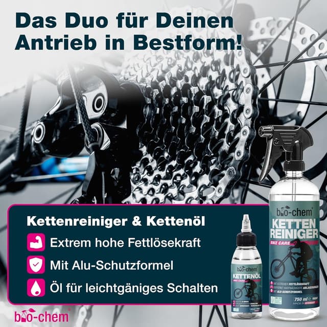 Detalle de bio-chem CLEANTEC Bio-chem Pflegeset für Fahrrad & Mountainbike – Profi-Reinigungs-Set mit 7 Teilen (750 ml Reiniger, 750 ml Kettenentfetter, 100 ml Schmieröl)