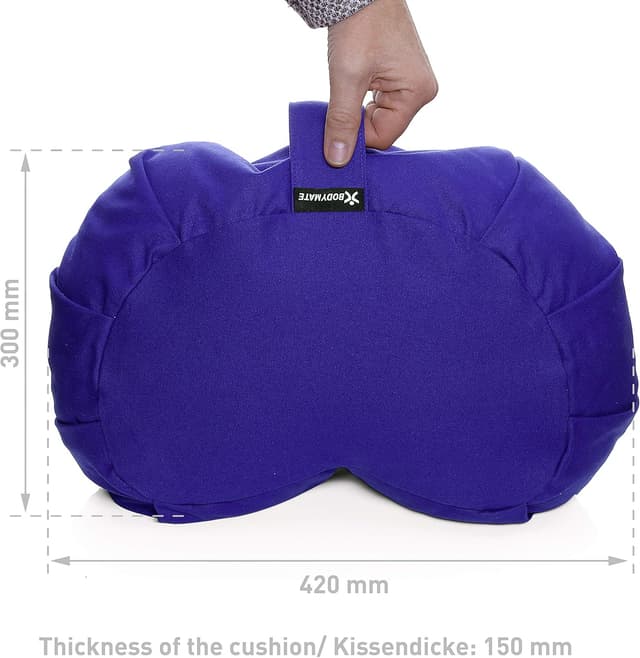Detalle de BODYMATE coussin de yoga demi-lune en fourrure de sarrasin, housse 100% coton lavable en machine