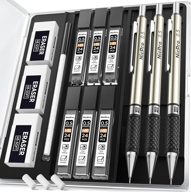 Detalle de Nicpro 0.5 mm mechanical pencil set (3 pcs) with storage case and HB lead refills