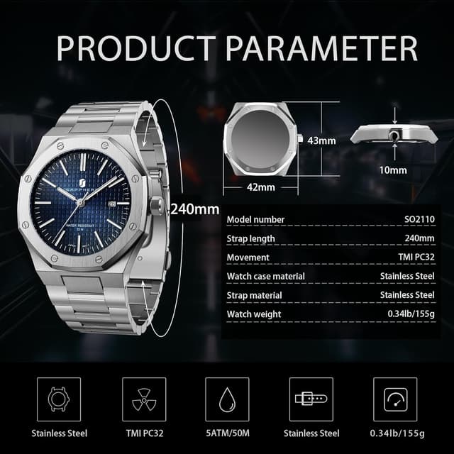 Thumbnail 6 de SAPPHERO Orologi Uomo Ottagonale 10ATM impermeabile quarzo in acciaio inox