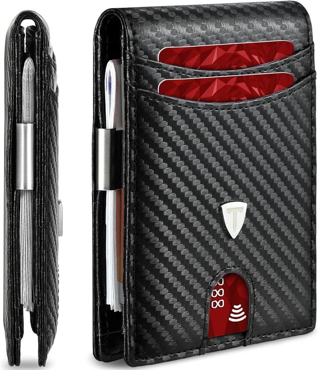 Detalle de Tomylv Men’s Slim RFID Blocking Carbon Fibre Wallet with 12 Card Slots, Money Clip & ID Window (Black)