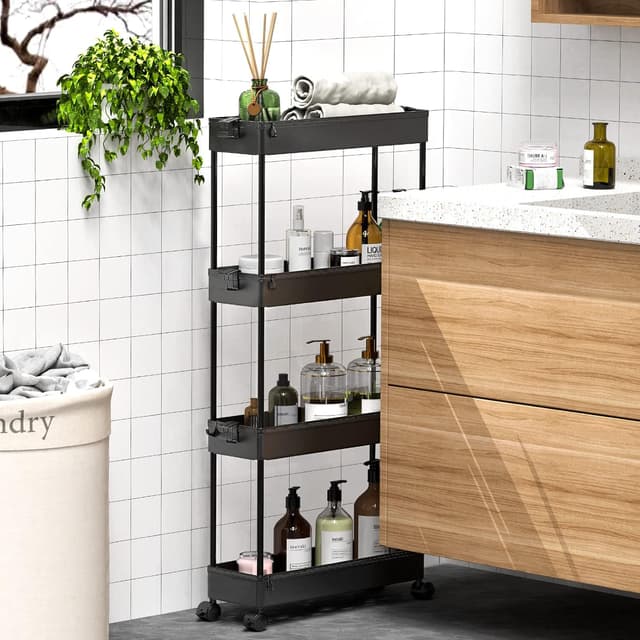 Detalle de SPACEKEEPER Slim Rolling Storage Cart (4-Tier) — Mobile Bathroom Organizer for Narrow Spaces