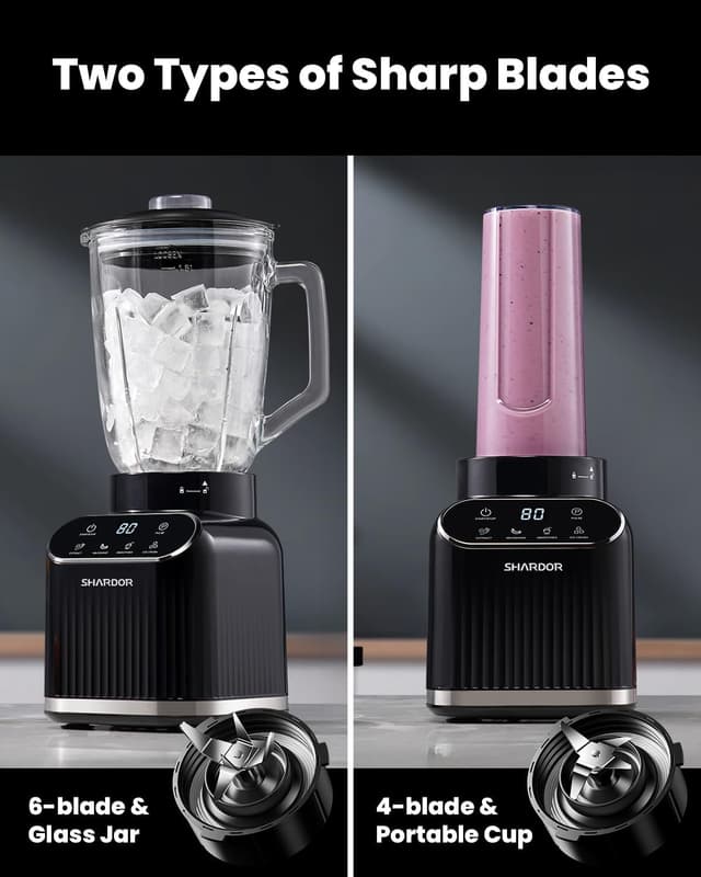 Detalle de SHARDOR kitchen smoothie blender (Max 1400W) with 1.5L glass jar and 700ml to-go cup, 5 intelligent programs