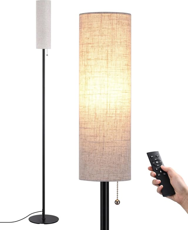 Detalle de EDISHINE 165cm Floor Lamp with Rounded Linen Shade, E27 LED Bulb, Magnetic 2.4G Remote (Black)