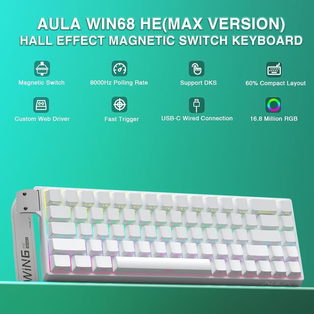 Detalle de AULA WIN68HE 60% Gaming-Tastatur mit Rapid Trigger, Hall-Effekt, 8000 Hz und RGB