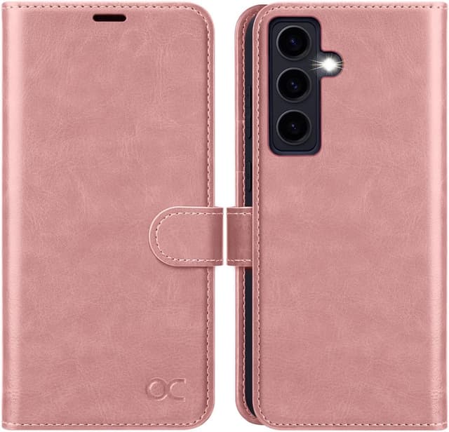 Detalle de OCASE Handyhülle für Samsung Galaxy S24 5G – Premium Leder Flip Hülle mit Kartenfächern, Magnetverschluss und Standfunktion (Pink)