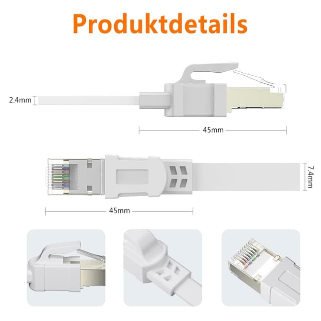 Detalle de Ercielook LAN-Kabel Cat8, 0,25 m (5er-Set) – wetterfest, UV-beständig, bis 40 Gbit/s