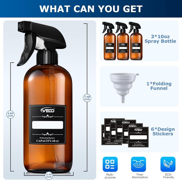 Detalle de Veco 10oz 360° Spray Bottle with Adjustable Nozzle (3-Pack) in Brown