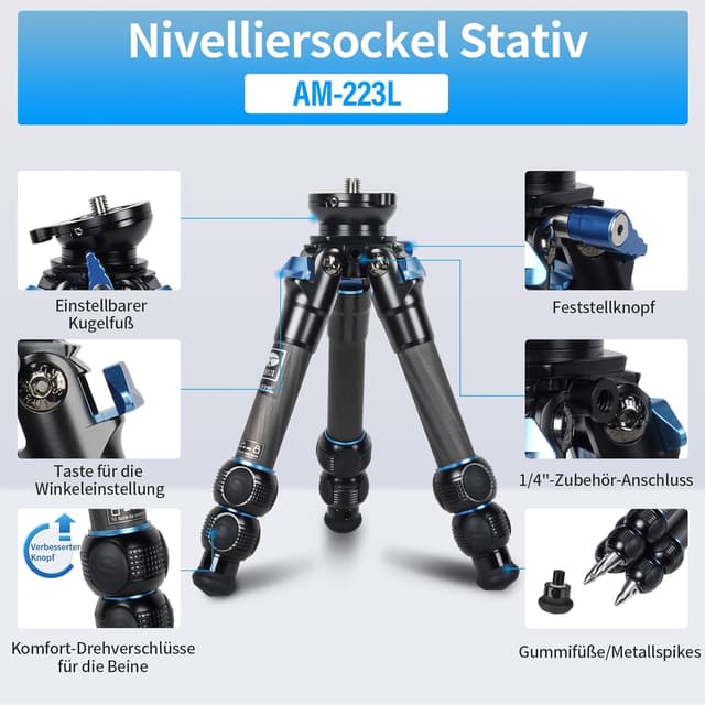 Detalle de SIRUI AM-223L Carbon Mini Reisestativ mit Nivellierbasis – ultraleichtes Ministativ für spiegellose Kameras