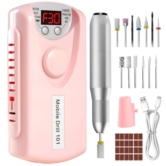 Detalle de Droyek Portable Electric Nail Drill Kit (30,000 RPM) with 13 Drill Bits & 50 Sanding Bands for Acrylic, Gel, and Extensions