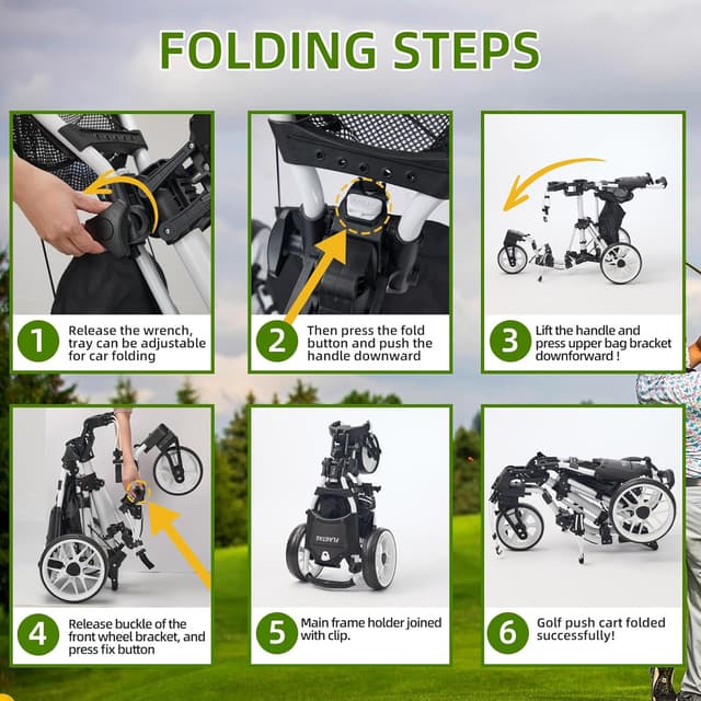 Detalle de FLAGTAG Golf Push Cart (3-Wheel) with 360° Swivel Front Wheel, Foldable Design & Foot Brake