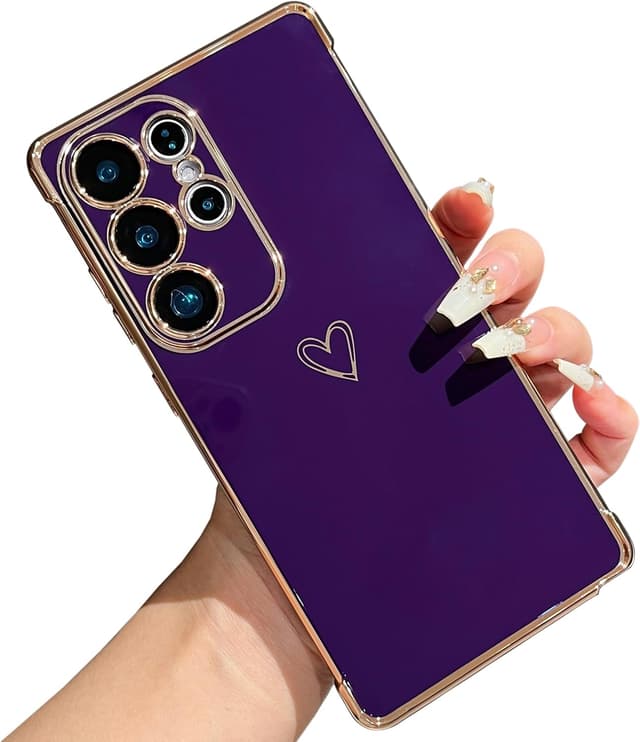 Detalle de ZTOFERA Handyhülle für Samsung Galaxy S24 Ultra 5G (6,8") – Silikon-Bumper mit Herz & goldenem Rand, dunkelviolett