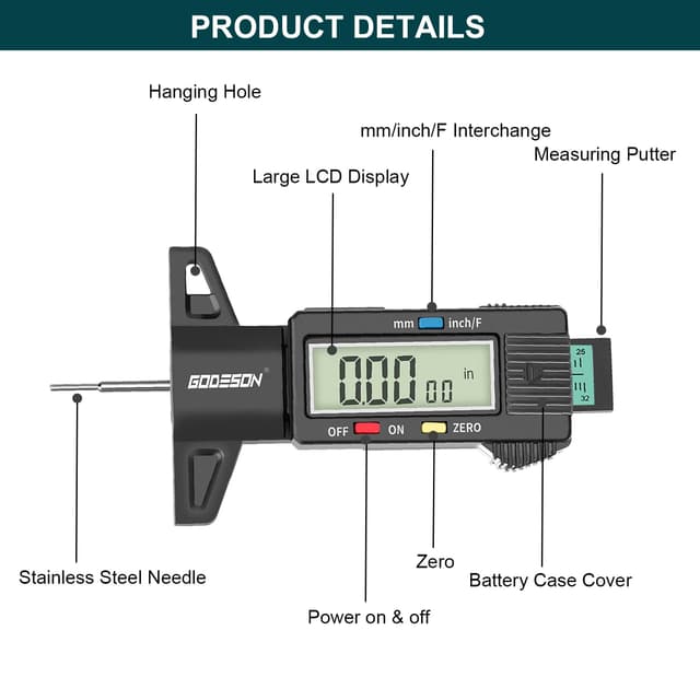 Detalle de GODESON Digital Tire Tread Depth Gauge with 3 Modes (inches, mm) for Cars, SUVs, Trucks & Motorcycles