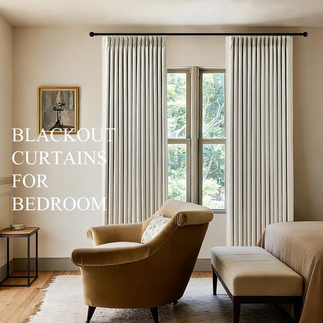 Detalle 2 de Pinch Pleated Blackout Linen Curtains (95" Long, 2 Panels) — 100% Blackout Thermal Room Darkening Drapes