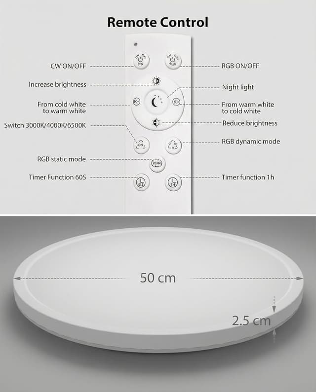 Detalle 2 de zemty LED-Deckenleuchte dimmbar 50 cm, 42 W (3.360 lm) mit RGB und Fernbedienung
