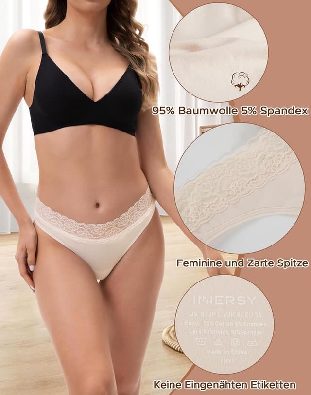 Detalle 2 de INNERSY String Tanga Damen mit Spitze im 6er Pack – Stretch-Baumwolle & mittlere/niedrige Taille