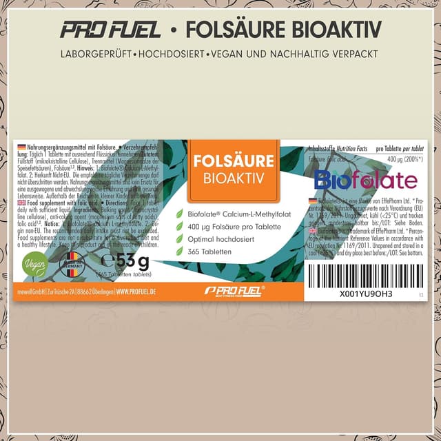 Detalle de Folsäure BIOAKTIV 400 µg (365 Tabletten) mit Biofolate® L-5-MTHF – vegan & laborgeprüft