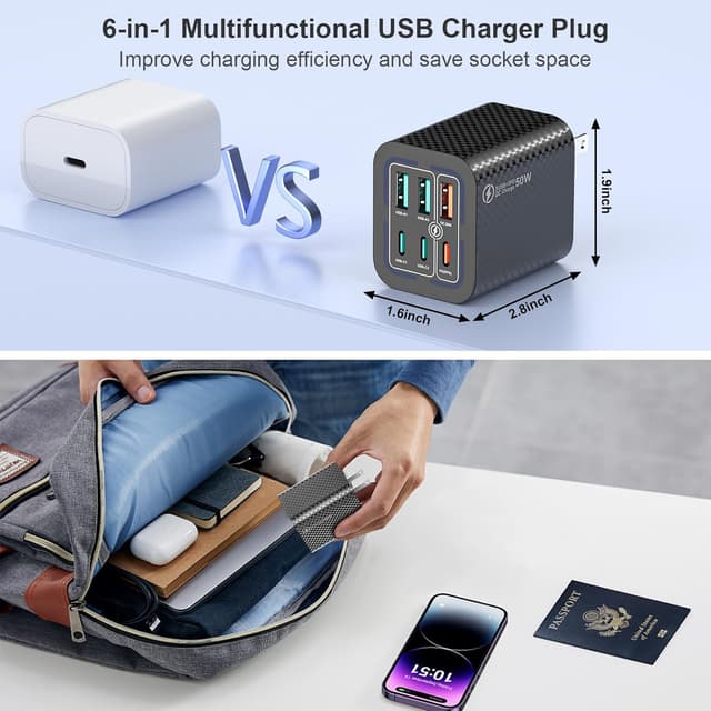 Detalle de USB C Plug 50W 6-Port Fast Charger (UK PD + QC) Black — Multiport Type C wall charger adapter