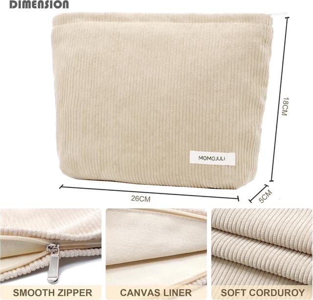 Detalle de Large Corduroy Makeup Bag with Zipper – soft aesthetic organiser pouch (26cm x 18cm)