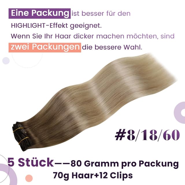 Detalle de LaaVoo Clip-in Hair Extensions aus echtem Haar – Balayage Light Brown bis Blonde Ombre, 5 Stück